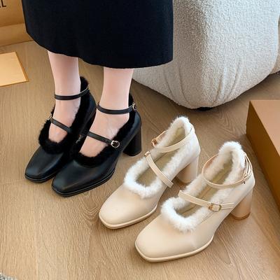 High Heels New Fluffy Thick Heel with Mary Jane Women's Shoes Fleece Thermal Shoes