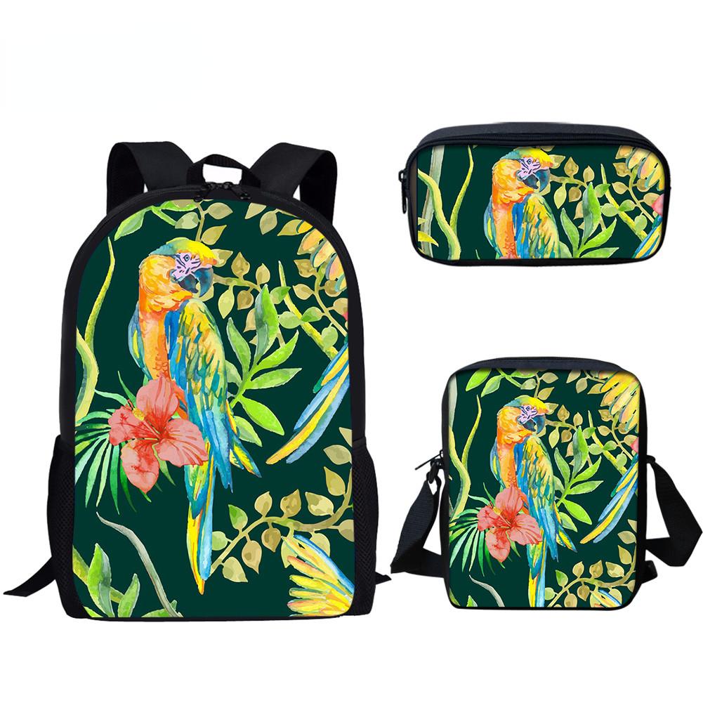 Classic Novelty Parrot Bird Pattern 3D Print 3pcs/Set School Bags Laptop Daypack Backpack Inclined Shoulder Bag Pencil Case