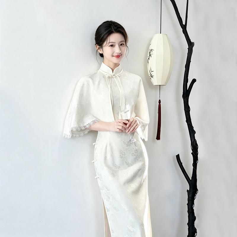 Si Teng white lace national style new Chinese style Suzhou long qipao, improved youth women's high-end shawl set