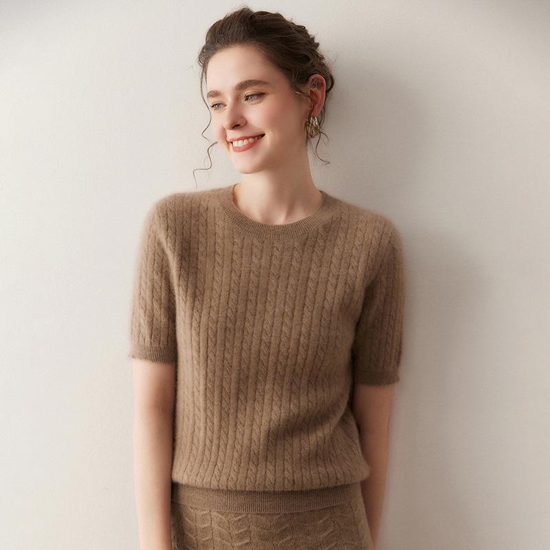 Lekasha Women's Pure Cashmere Loose Short Sleeve Cable Knit Pullover