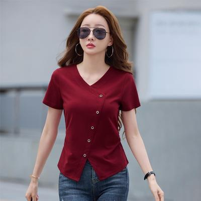 Spring New Size Cinched Waist Pleated V-neck Straight-shoulder T-shirt Top Pure Cotton