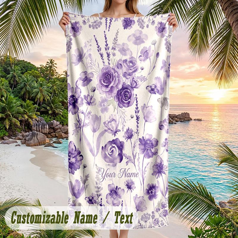 Purple Floral Art Theme Quick Dry Beach Towel Custom Name Text Print Large Sand Resistant Towel Beach Vacation