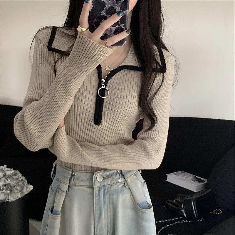 

Lapel Half-zipper Sweater Women s Autumn Slim Casual Pullover Long-sleeved Knitted Sweater 2XL бежевый