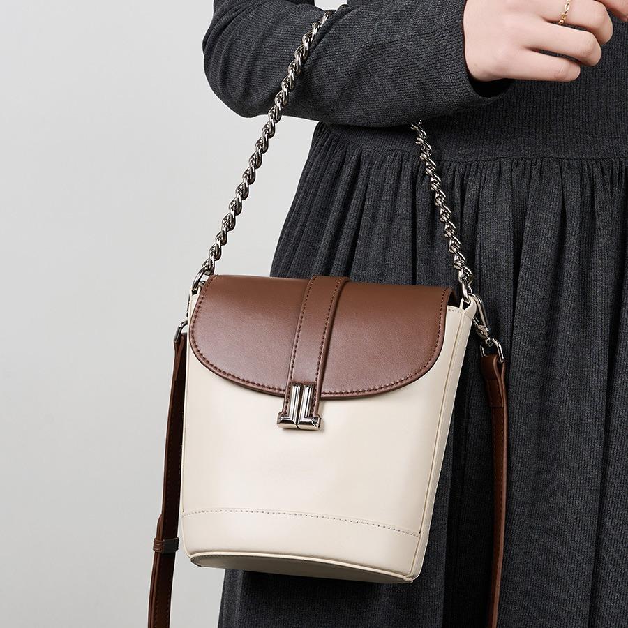 Fashionable Contrasting Color Bucket Bag New Versatile Single Shoulder Crossbody Bag Trendy Genuine Leather Women's Bag