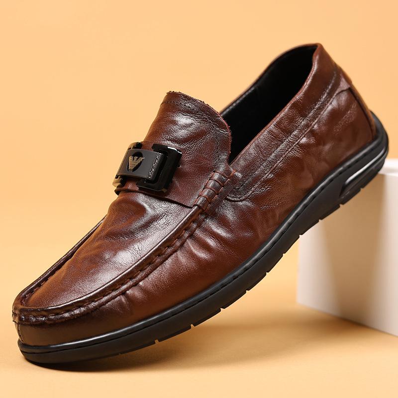 2025 first layer cowhide men's Doudou shoes genuine leather loafers men's casual leather shoes high-end single shoes round head men's shoes