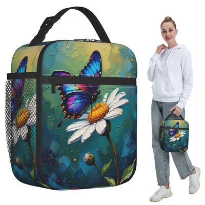 Schmetterling steht auf Blumen Öl-isoliert Lunchtasche für Damen Büro-Kühltasche Thermische Lebensmittelbox Tragbare Lunchboxen Behälter