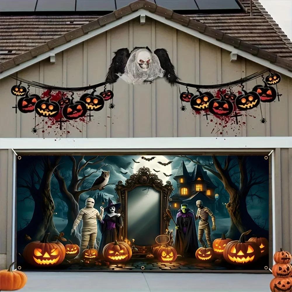 A Halloween garage door banner featuring terrifying bandages monsters witches bats pumpkins owls and dead trees