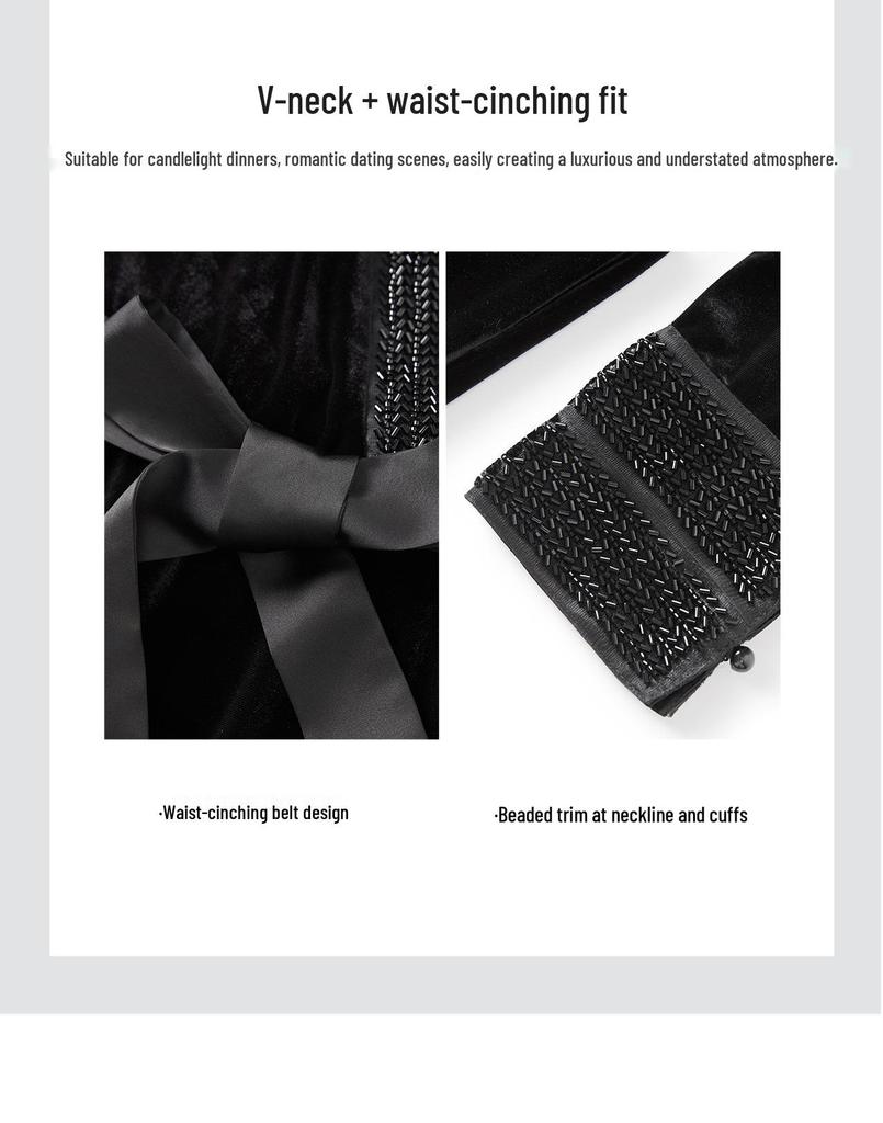 Luxuriöses goldfarbenes Samt-Abendkleid mit Perlenbesatz, elegant figurbetontem Schnitt und fließendem Saum