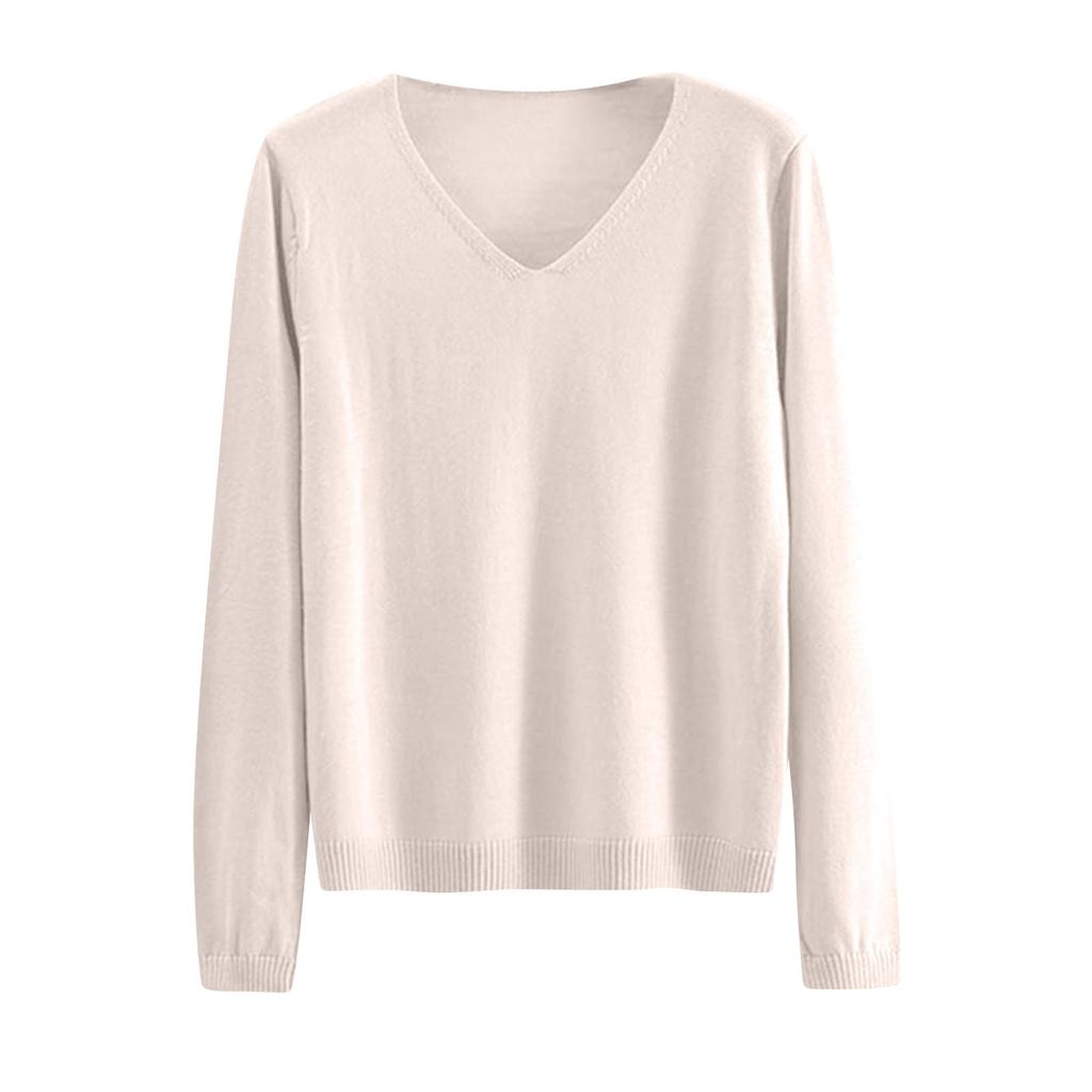 Women's Fashion Loose Knit Sweater Bottom Shirt V-Neck Pullover Long Sleeve Solid Color Top