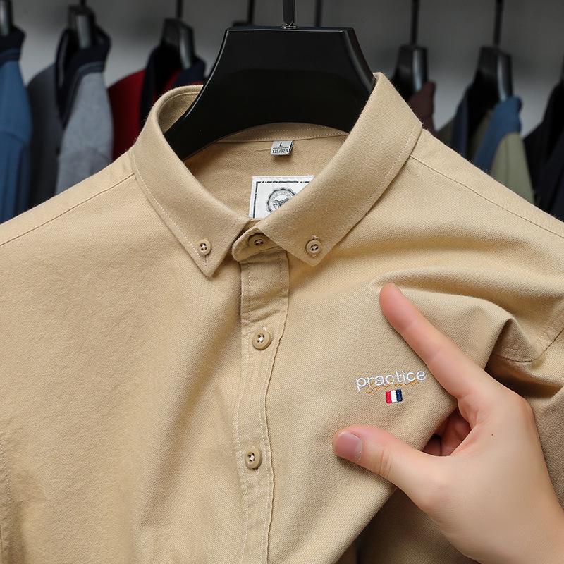 

Мужская немнущаяся оксфордская рубашка с длинным рукавом из чистого хлопка, однотонная с вышивкой, осенний повседневный топ 2XL хаки