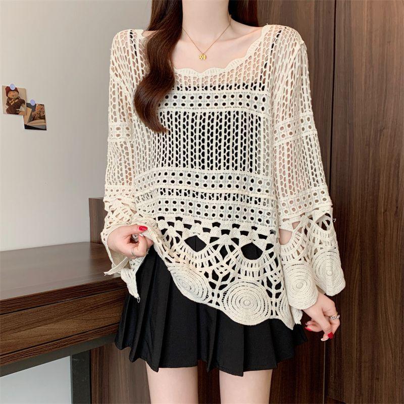 Bohemian Style Plus Size Women Clothing Crochet Hollow Knitted Pullover Airable Shirt Capri Bell Sleeve Cover Up Sun Protection Clothing