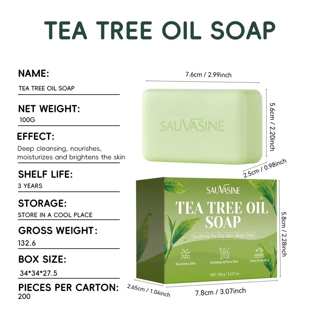 SAUVASINE Tea Tree Oil Soap 100g, Deep Cleansing, Oil Control & Acne Relief, Gentle Non-Drying, Natural Plant Essential Oil, Unisex Face & Body Soap