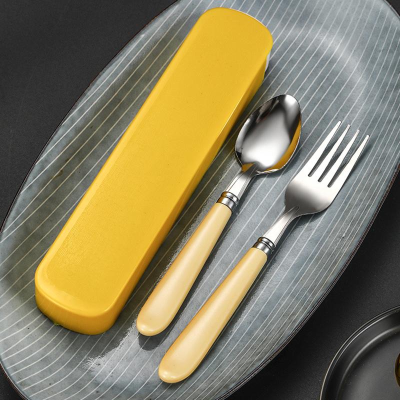 2Pcs/Set Portable Spoon Fork Combination Travel Tableware Set Stainless Steel Dinnerware With Box For Kid School Cutlery