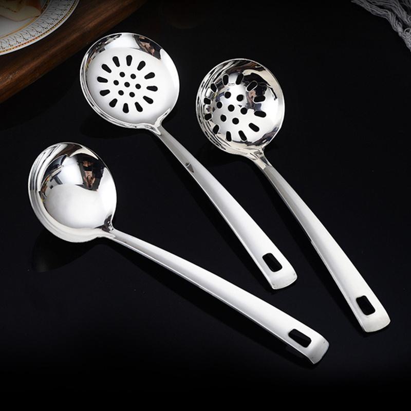Silver Stainless Steel Soup Spoon Flat Colander Serving Spoon Cake Spatula Leaking Shovel Public Cutlery Set Cooking Utensil