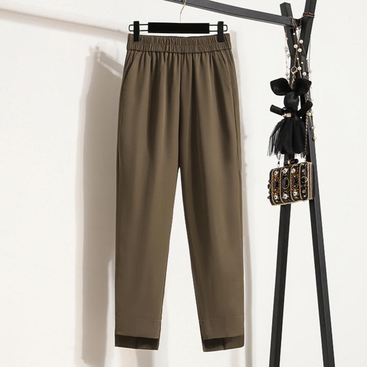 

Dimanaf Большие размеры летние длинные брюки женские эластичный пояс повседневные свободные винтажные брюки новые однотонные брюки 4XL дубильная кора