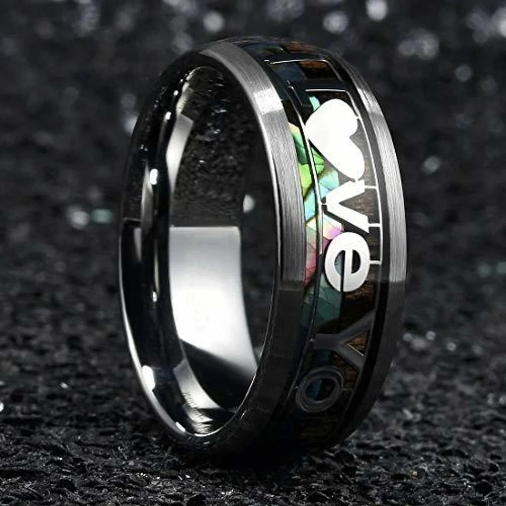 Fashion I Love You Letter Stainless Steel Rings Inlay Koa Wood and Abalone Shell Rings For Men Women Wedding Band Jewelry Gifts