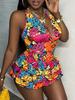 Blumen Gänseblümchen Neckholder V-Ausschnitt Tanktop & Falten Minirock Badeanzug Set