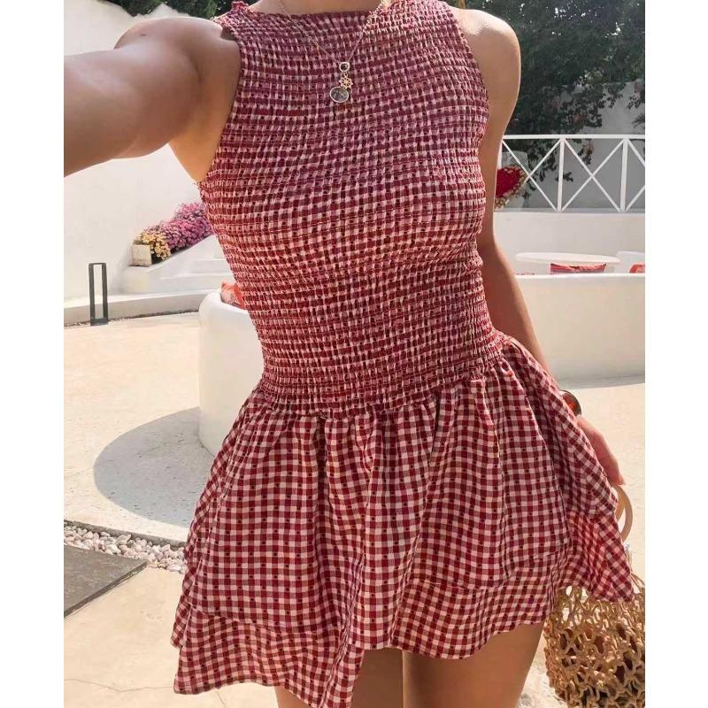 Plaid sleeveless slim dress women s new plaid irregular skirt S красный