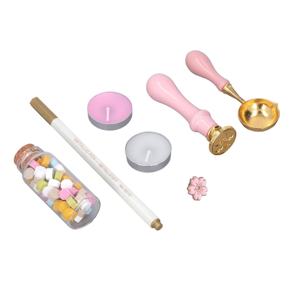 Sealing Stamp Kit Clear Pattern Macaron Color Wooden Handle Retro Wax Sealing Stamp with Sakura Brooch for Gifts