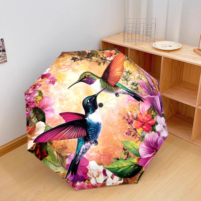 1 PC Automatic Folding Umbrella - Hummingbirds Floral Pattern, Portable & Foldable Design with 8 Ribs, Christmas Birthday Gifts