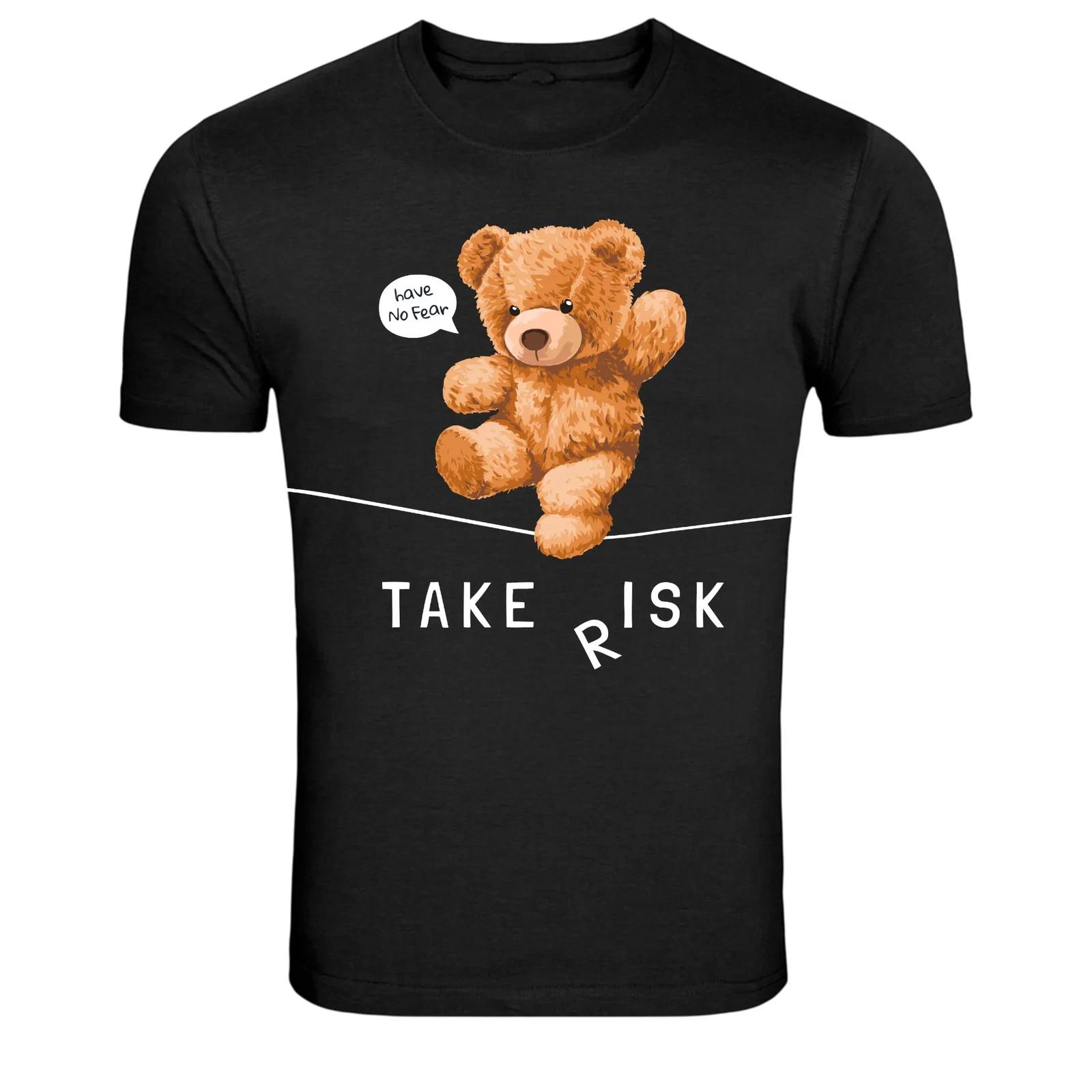 Motivational Teddy Bear Take Risk Graphic T Shirt Cute Tee L