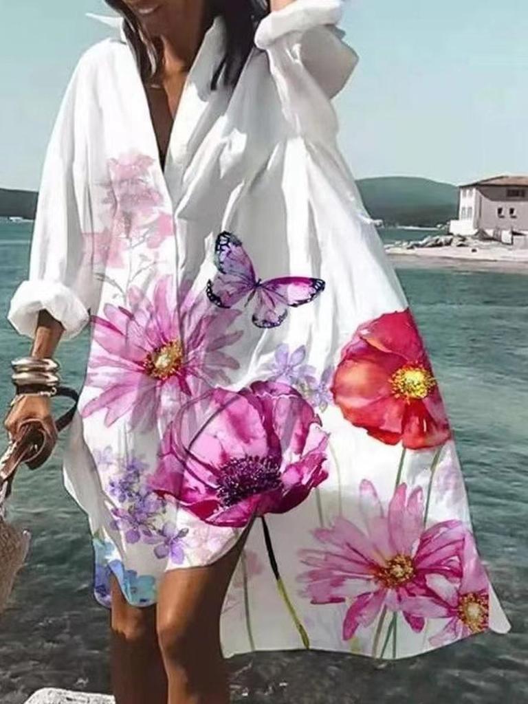Summer New Casual Printed Dresses Women Loose Waist Long Sleeve Shirt Dresses