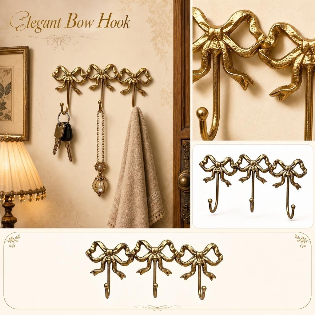 Vintage Style Cast Iron Bow Wall Hook Set European Iron Art Decorative Home Wall Mount Hanger for Kitchen Bathroom Bedroom Entryway