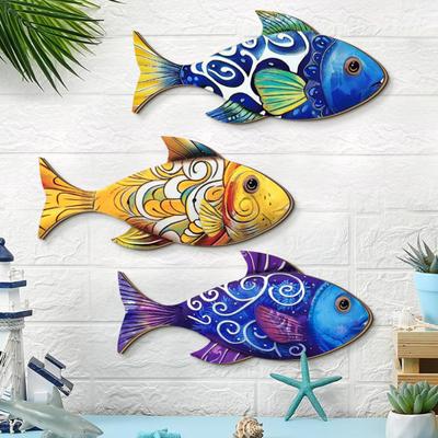 Yousheng 3 Pcs Wooden Fish Wall Art? Beach Nautical Coastal Theme Fish Wall Sculpture Rustic Lake House Hanging Decor for Linving Room Bedroom Home
