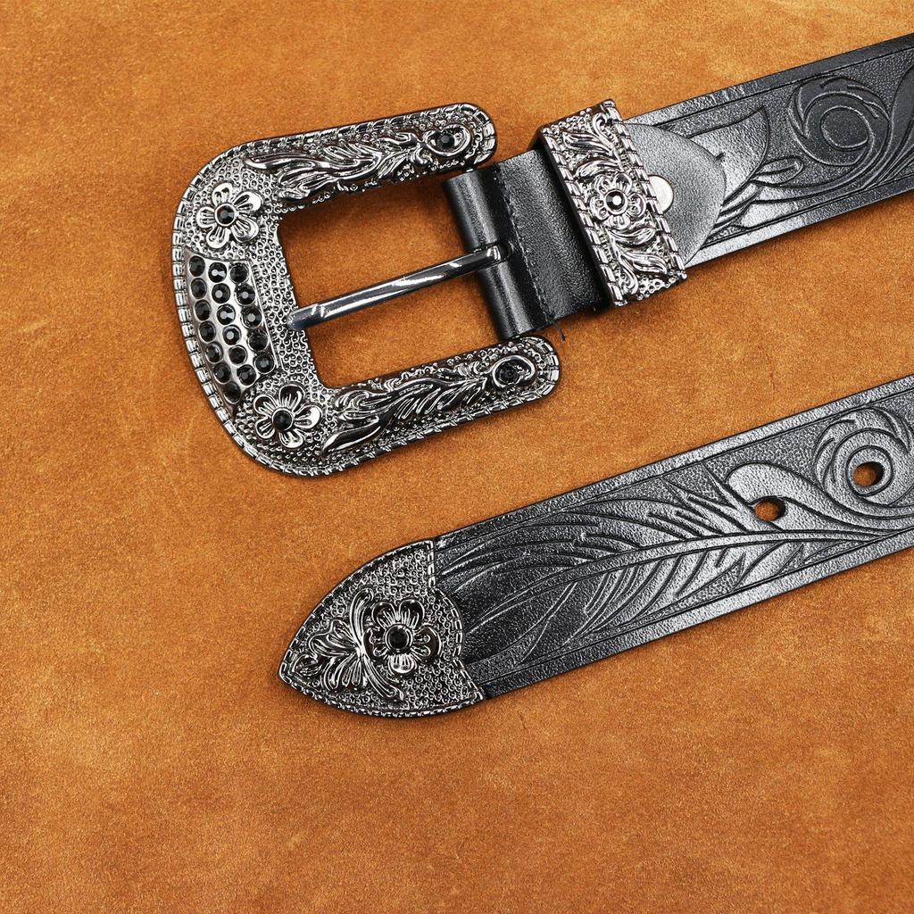 Unisex Distressed Retro Cowhide Leather Belt with Embossed Floral Design
