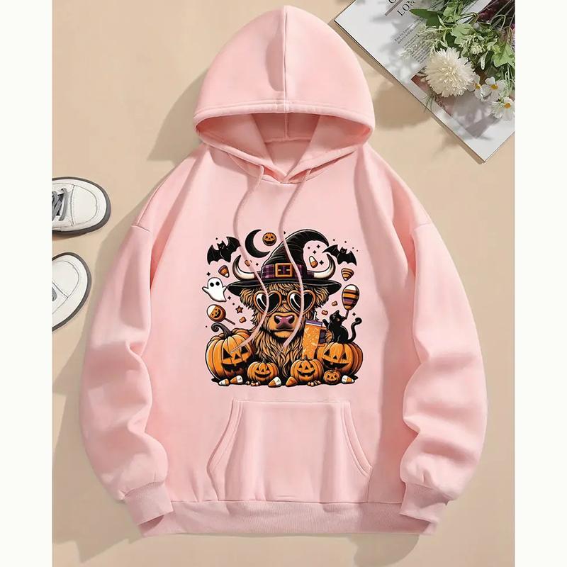 Ladies Spring Autumn Casual Hooded Long Sleeve Big Pocket Halloween Printed Pullover Hoodies Sweatshirt Top