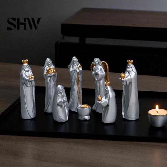 Indoor Holiday Home Decorations 8 Pcs Resin Nativity Figurines Set, Christian Scene Figures, Jesus Birth Religious Christmas Tabletop Miniature
