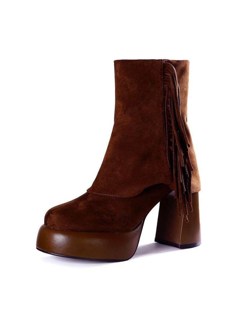 Thick-soled Matte Fringed Short Boots 2025 Autumn and Winter New Retro Waterproof Table Super High Heel Boots Fleece Pants Tube Boots Women