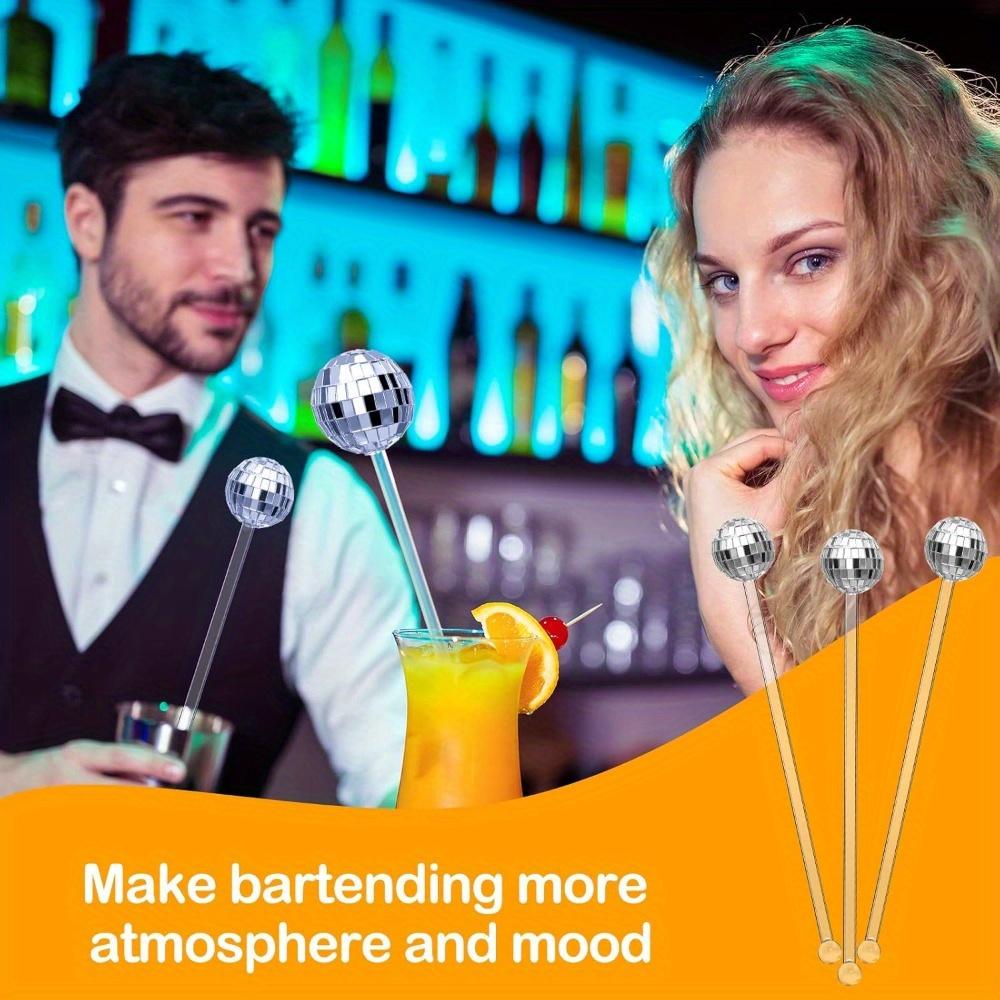 12 Stück Disco-Kugeln Cocktail-Rührstäbe Kunststoff Runder Kopf Swizzle Sticks Cake Pops Spiegelkugel Kaffee Getränke Rührstäbe für 1970er Party Hausbar Kaffee