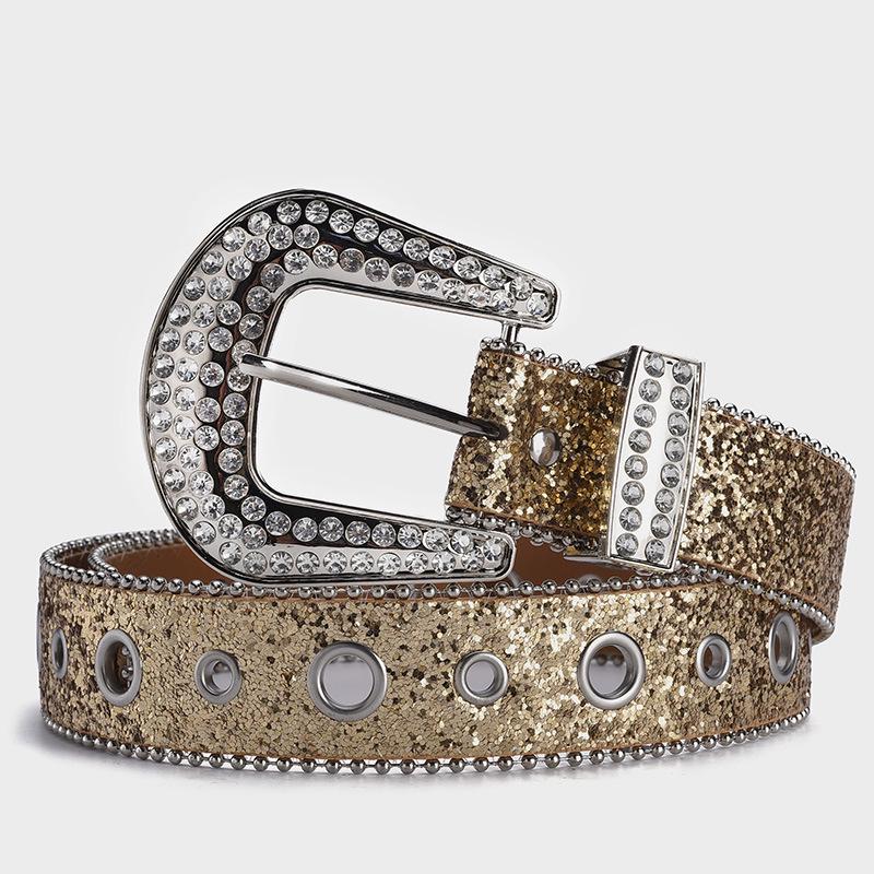 Europäisch-amerikanischer Strass-Schnallengürtel: Modisches Pailletten-Ösen-Top, Punk-Stil für Nachtclub-Kleidung