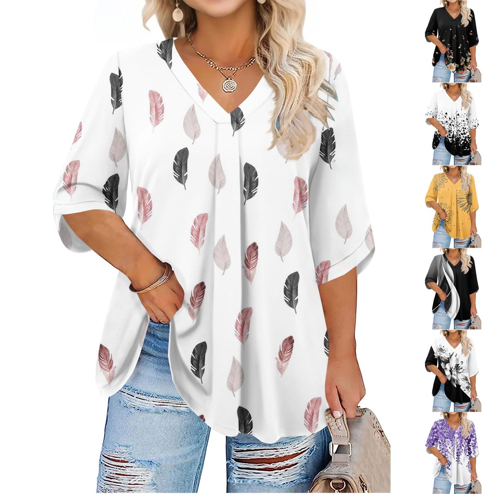 

Women s Fashion Large Size Printed V-Neck Three-quarter Sleeve Top S