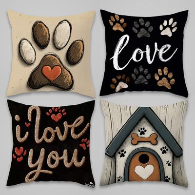 Set of 4 Adorable Throw Pillows Featuring Paw Prints, Designed In a Heart Shape, Ideal for Living Spaces And Pet Areas To Create a Warm Ambiance. Made