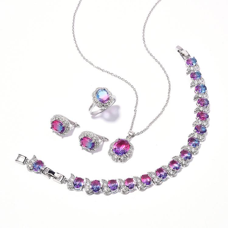 

Романтический набор украшений с радужным цирконом: Ожерелье, Серьги, Кольцо и Браслет для Женщин Size 9 Ring