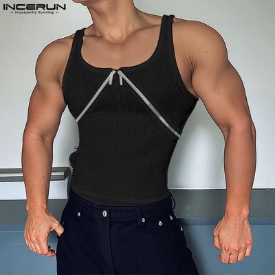 Men Sleeveless Rib Zipper Casual Fitted Tank Tops Basic Vest Sports Gym