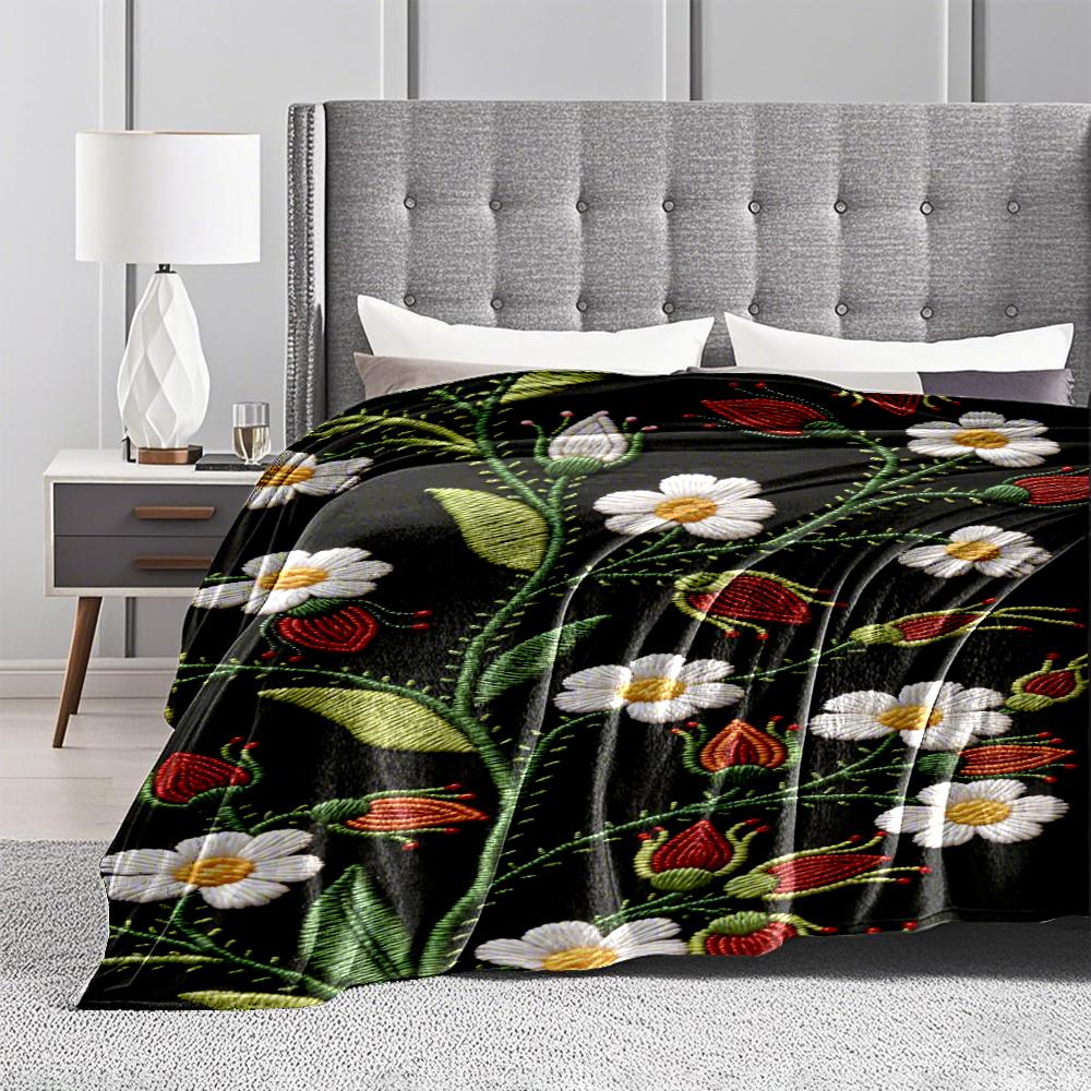 Floral Embroidered Pattern Blanket with White Flowers and Green Leaves Blanket, Suitable for Use In the Bedroom, Living Room, On the Sofa