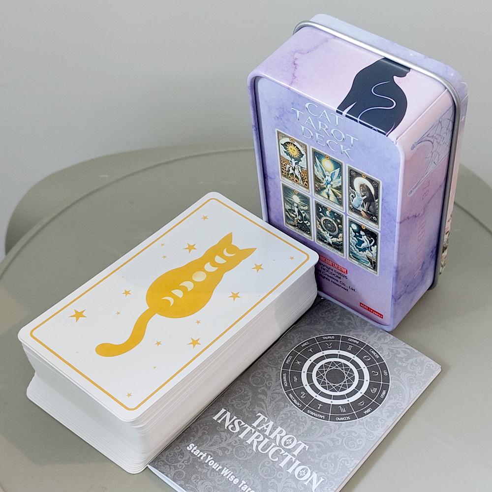 Baraja de Tarot del Gato 78 Cartas con Guía, Tarjetas de Tarot con Temática de Gato Blanco Lindo 11*6.2cm Cartas de Adivinación en Caja de Lata Portátil