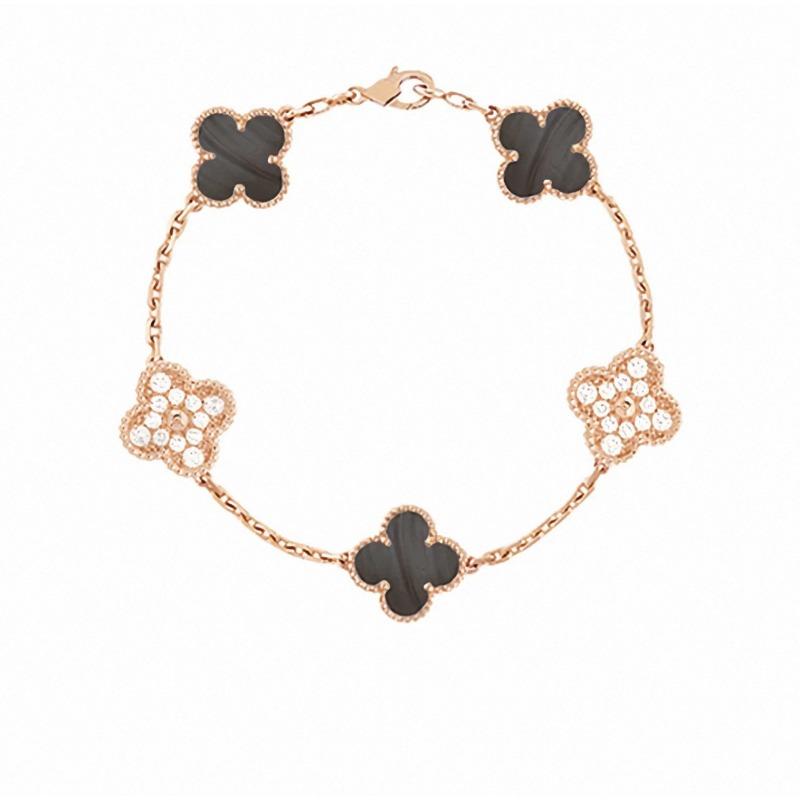 Four-leaf Clover Five-flower Bracelet for Women Rose Gold Lucky Clover Bracelet with White Mother-of-pearl and Red Agate Fashionable Bangle