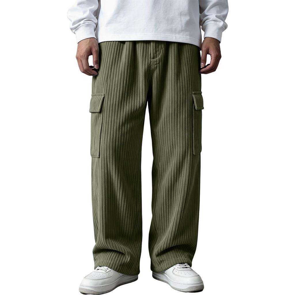 Men's Vintage Corduroy Pants with Vertical Stripes, Loose Fit Straight Leg Casual Work Trousers