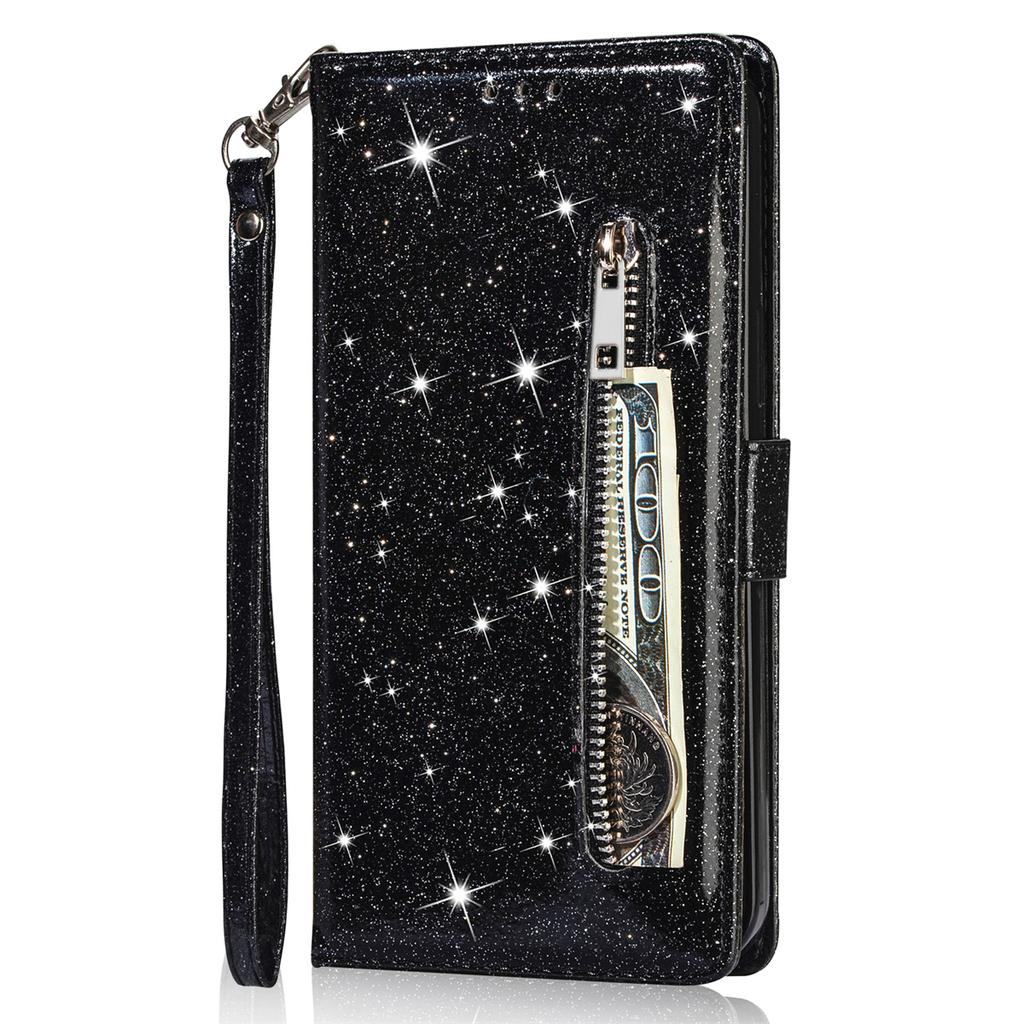 For iPhone 15 Glittery Zipper Pocket Leather Case Wallet Stand Anti-drop Phone Cover