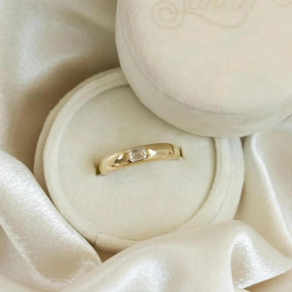 Emerald Cut Cubic Zirconia Wedding Band: Yellow Gold Plated Signet Ring: Art Deco Jewelry Gift For Unisex