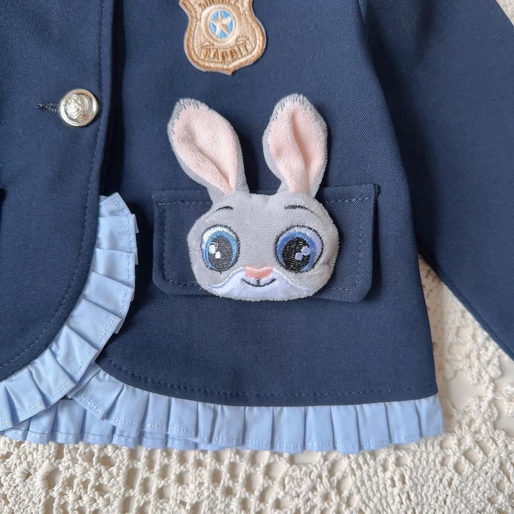 Girls' Rabbit Police Officer Outfit: Stylish Spring/Autumn Coat & Pleated Skirt Set for Baby Girls - Two-Piece (AQB063)