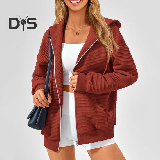 Herbst Winter Damen Kapuzenpullover Mantel Kordelzug Kapuze Reißverschluss Lange Ärmel Einfarbig Taschen Verdickte Sportjacke Locker Alltagskleidung Schulmantel