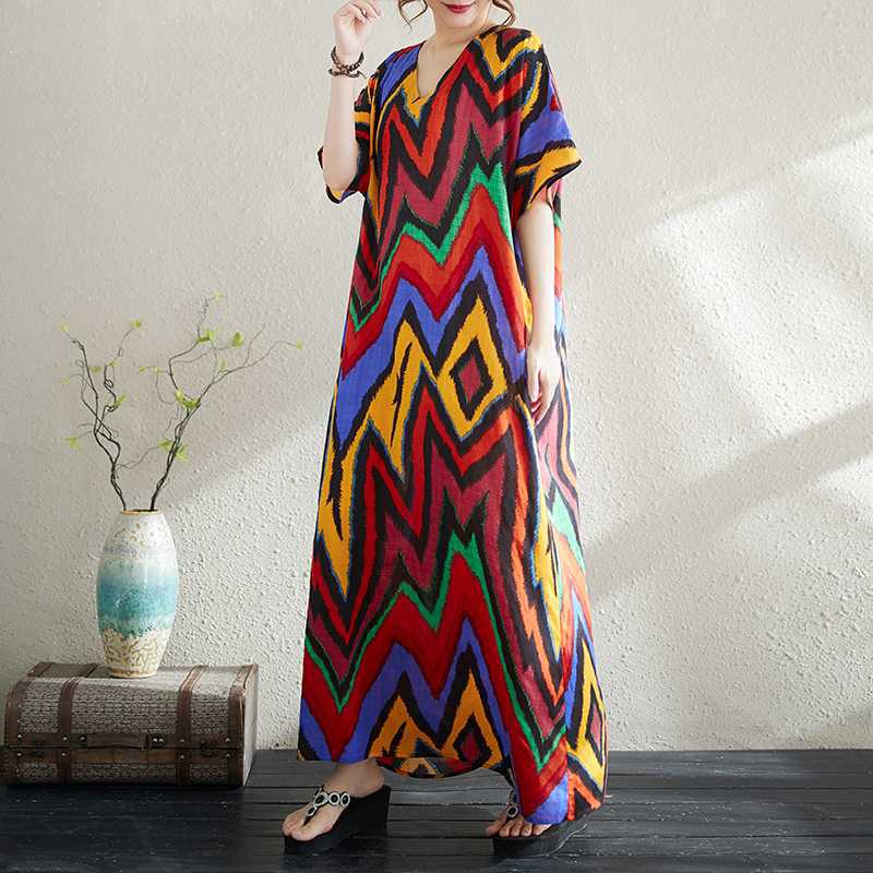 Summer Cotton and Linen Printed Loose and Simple Long Skirt Thin