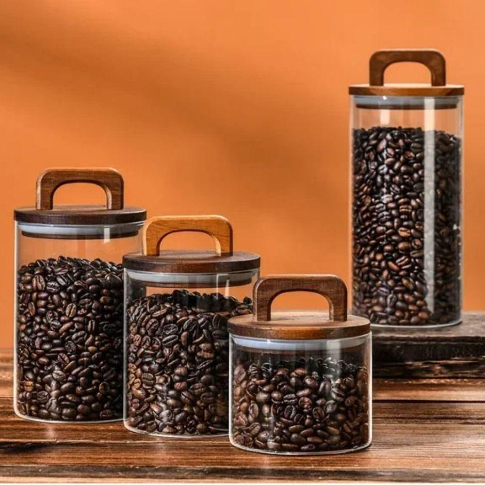Wood Handle Glass Storage Jar Wood Lid Airtight Container Vacuum Sealed Jar  Coffee Bean Storage