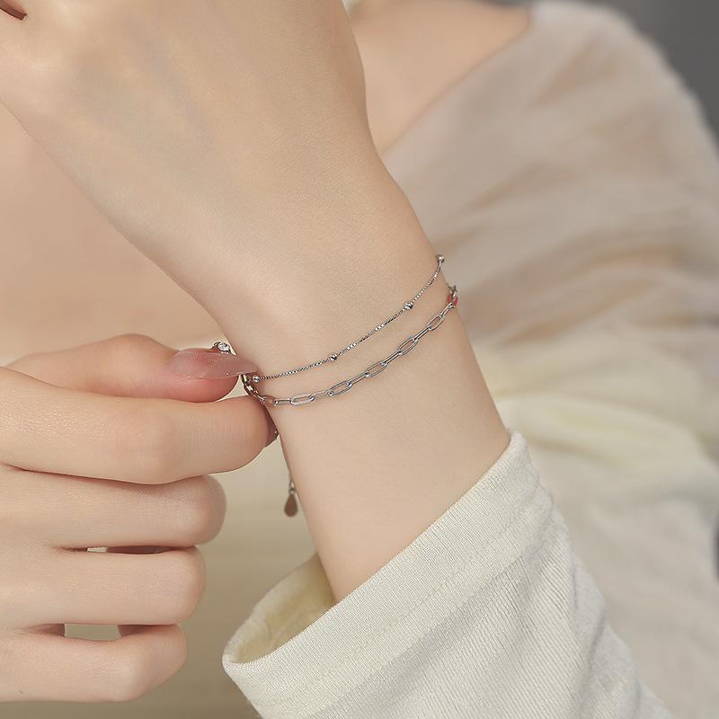 925 Silber Galvanisiert Doppellagige Kette Armband Ins Nischenschmuck Damen Hochwertig Minimalistisch Geometrisch Perlen Mode