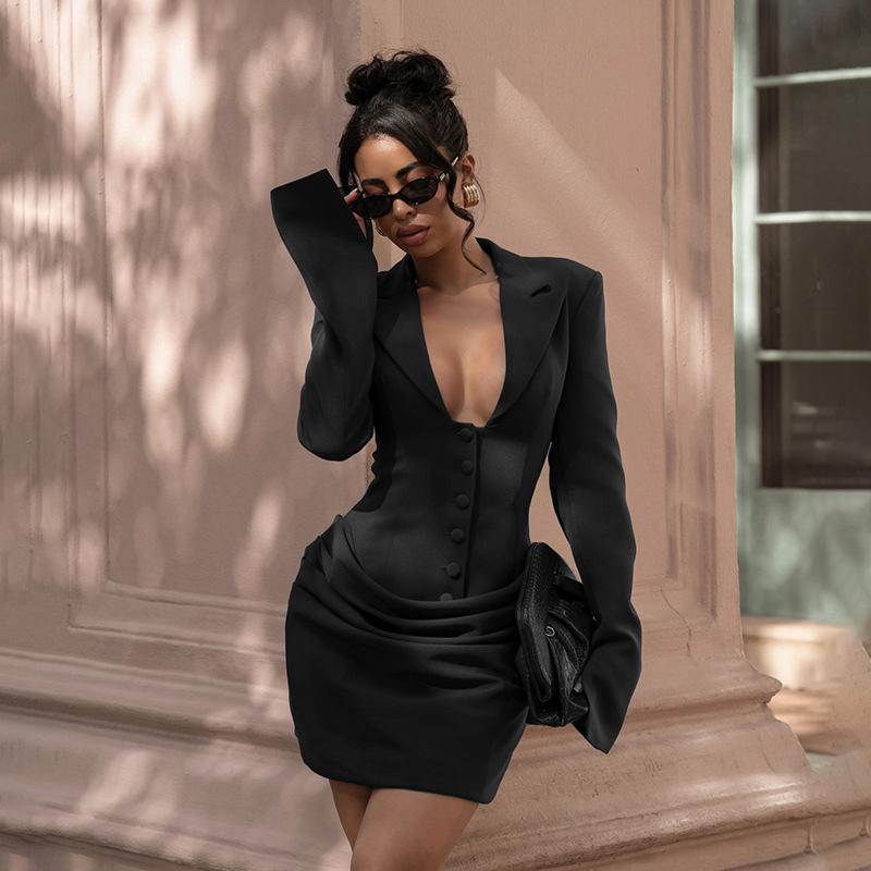 Winter Slim Fit V-Neck Button-Up Long Sleeve Dress for Women S